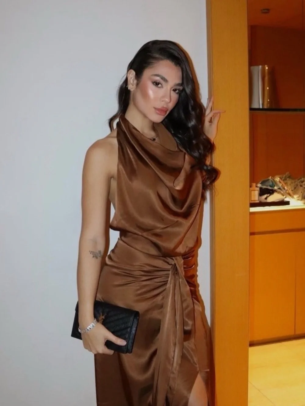 NWT. Zara Brown Satin Effect Flowy Halter Neck Midi Dress. Size S. - Picture 3 of 11